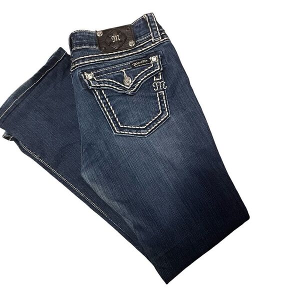 Miss Me Boot Cut Jeans Low Rise Dark Wash Bling Size 30 - Picture 1 of 9